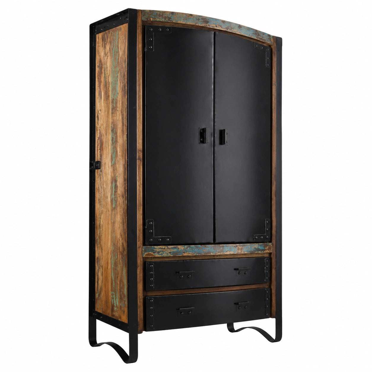 Industrieller Massivholzschrank aus recyceltem Holz, bunt lackiert, 180x90x43 cm, mit 2 Einlegeböden und 2 Schubladen