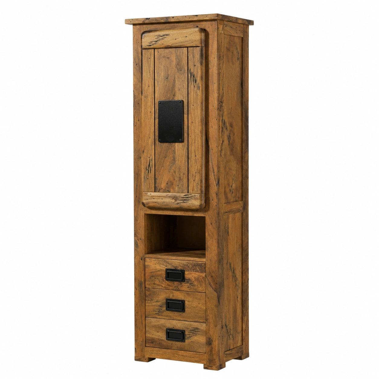 Hochschrank aus massivem Mangoholz, Natur lackiert, 50x35x195 cm, mit 4 Fächern und 3 Schubladen