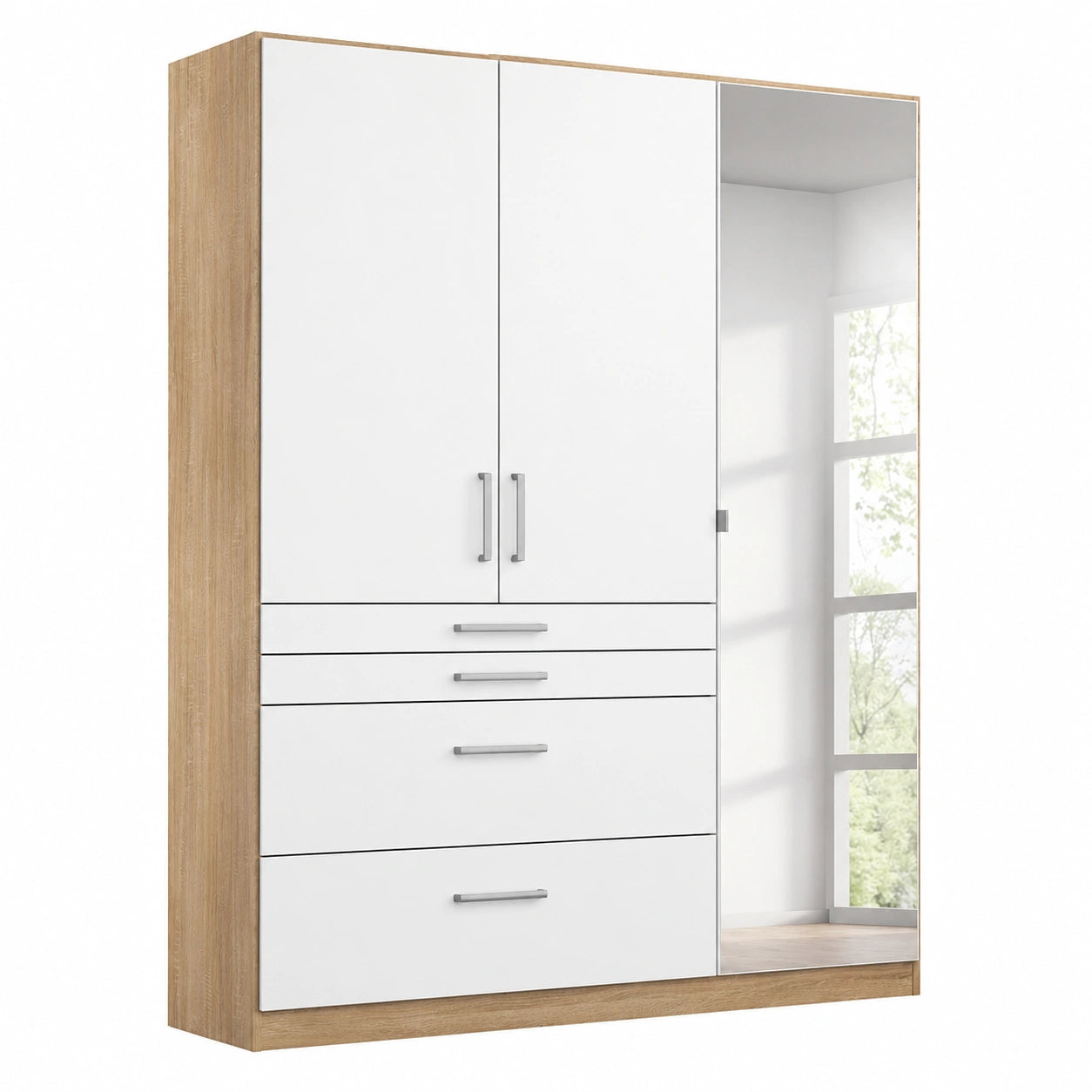 Rauch Kleiderschrank Harburg, Drehtüren, Spiegel, Eiche Sonoma, Weiß, 3-türig, 4 Schubladen, Zubehör inklusive