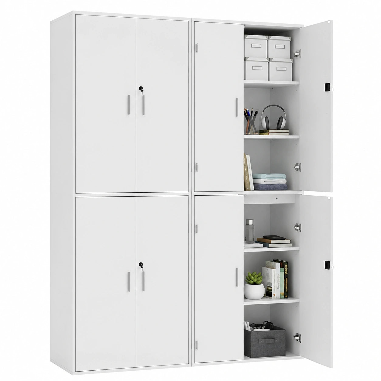 2-teiliges Set Aktenschrank mit Schloss, Holz, 4 Türen, 6 Einlegeböden, vielseitiger Schrank für Büro, Wohnzimmer, Bad und Garage, Weiß, 78x40x200 cm