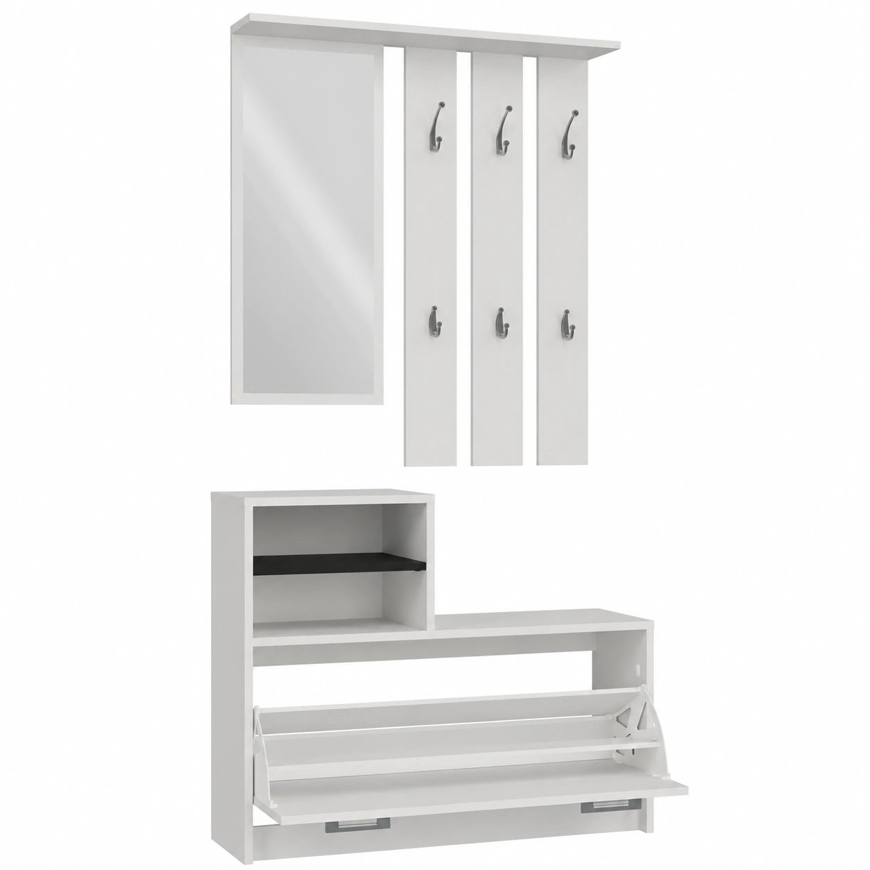 Moderne Garderobenkombination mit Spiegel und Schuhschrank, Weiß, 85x24x180 cm