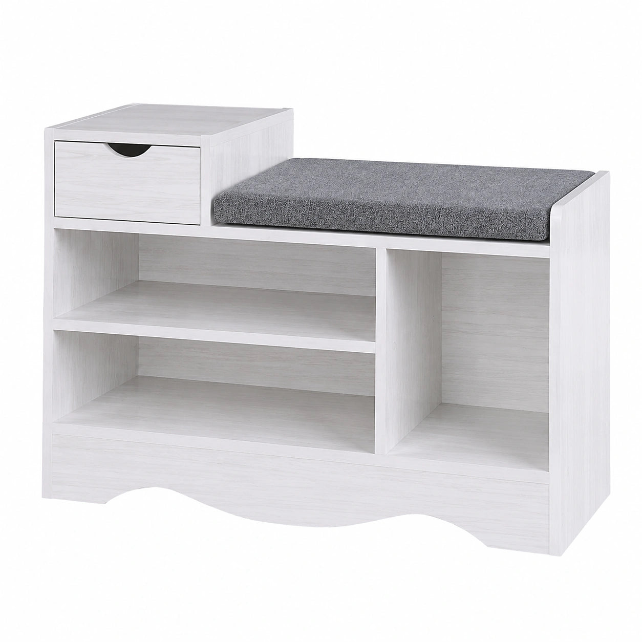 Weiße Schuhbank mit Sitzkissen und Schublade für Flur und Wohnzimmer