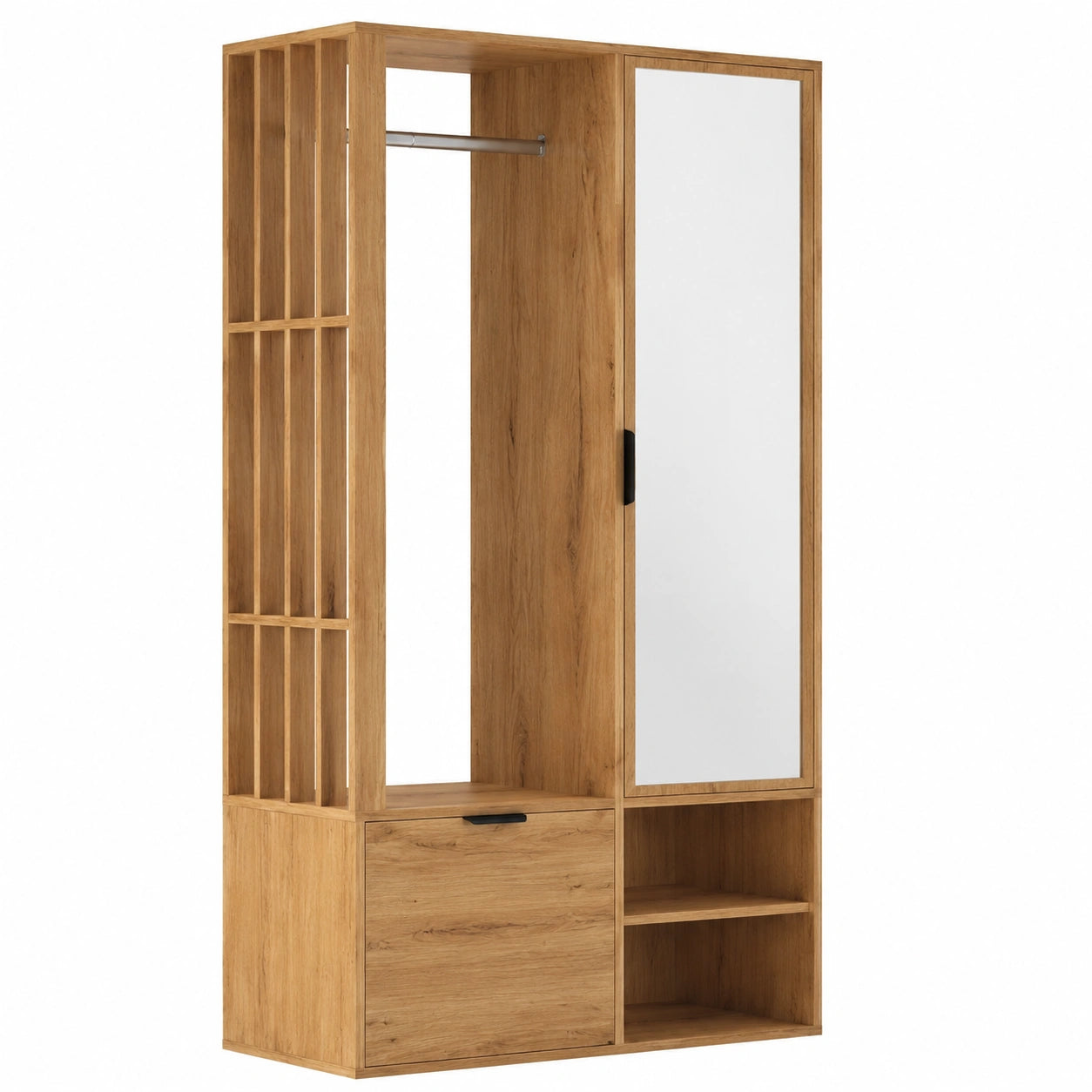 Flurmöbel-Set 6-in-1 mit Spiegel, Kleiderstange und Schuhschrank – schlanker Garderobenschrank aus Holz mit Klapptür und Regalen für Diele und Vorzimmer