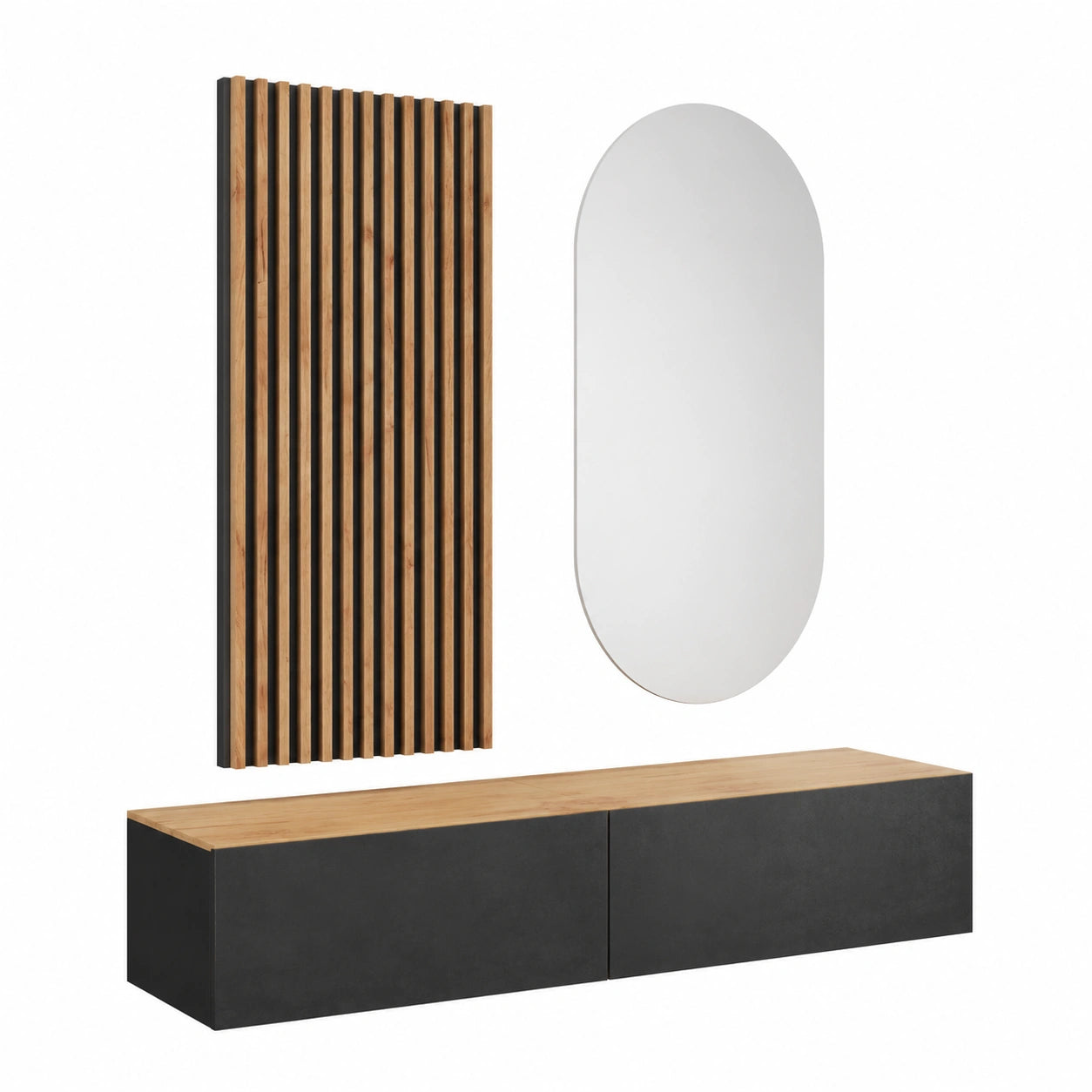 Planetmöbel Flurgarderobe in Gold-Eiche/Schwarz mit Spiegel, Wandpaneel und Garderobe 140 cm
